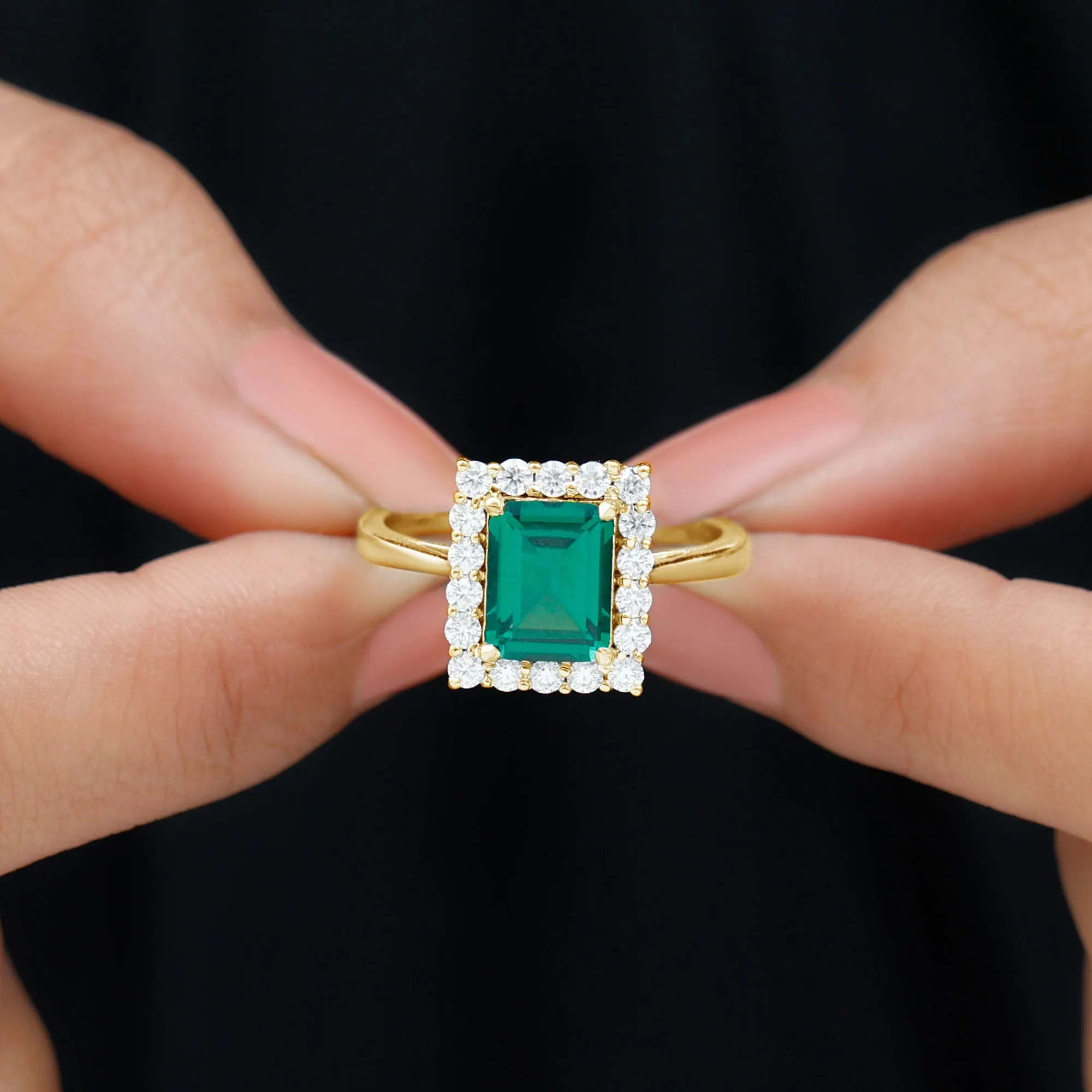 Octagon Cut Lab-Created Emerald Halo Engagement Ring with Diamond