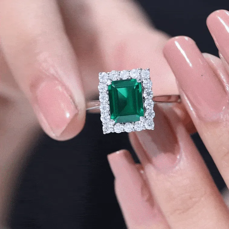 Octagon Cut Lab-Created Emerald Halo Engagement Ring with Diamond