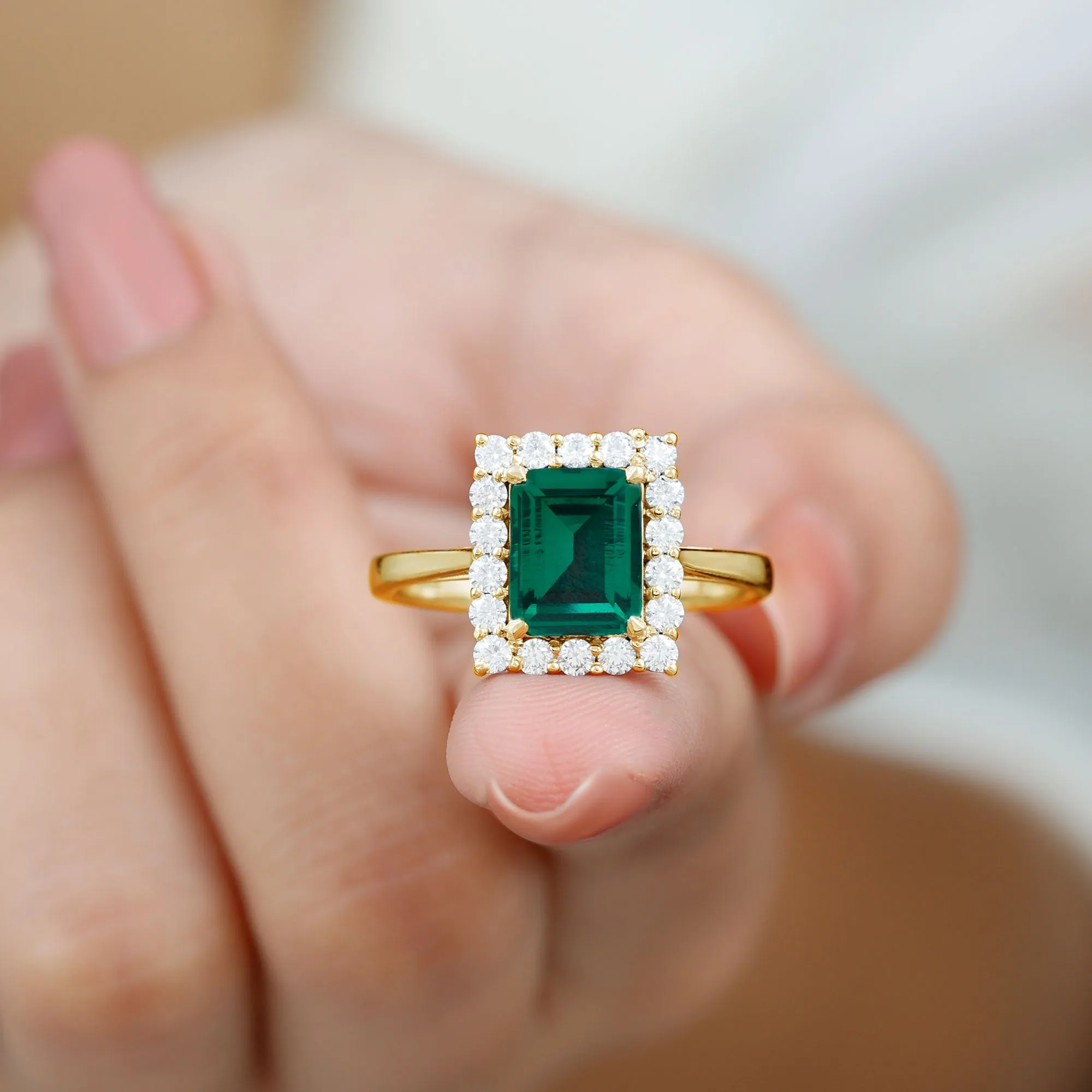 Octagon Cut Lab-Created Emerald Halo Engagement Ring with Diamond