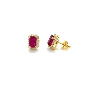 Octagon Ruby With Diamond Halo Studs