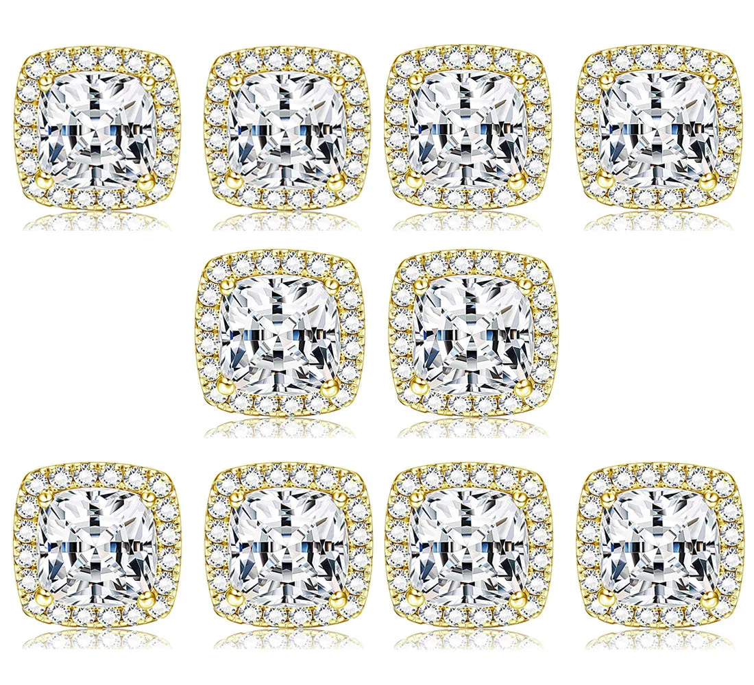 Paris Jewelry 14k Yellow Gold Halo 6mm 2Ct Asscher Cut Created White Sapphire CZ Set Of Five Stud Earrings Plated