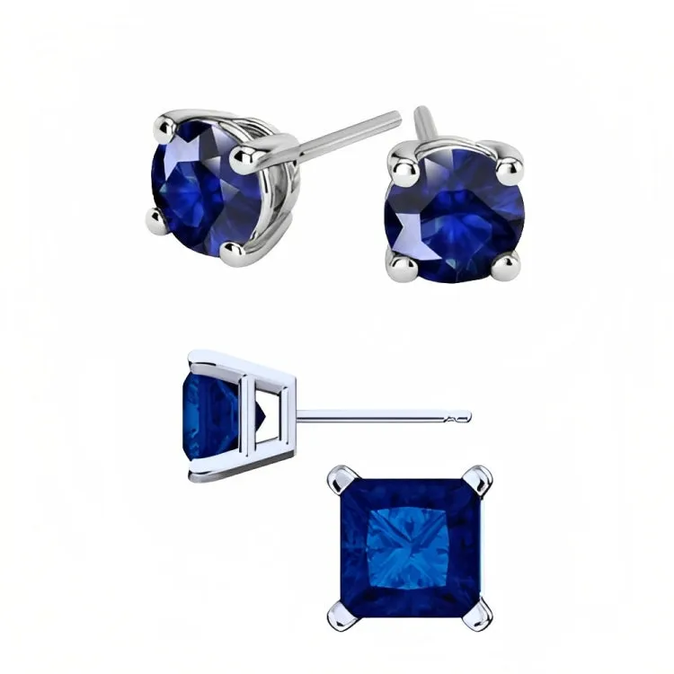 Paris Jewelry 18k White Gold 2 Pair Created Blue Sapphire 4mm Round & Princess Cut Stud Earrings Plated