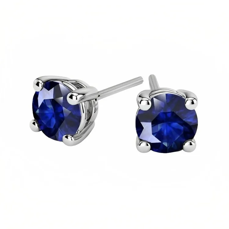 Paris Jewelry 18k White Gold 2 Pair Created Blue Sapphire 4mm Round & Princess Cut Stud Earrings Plated