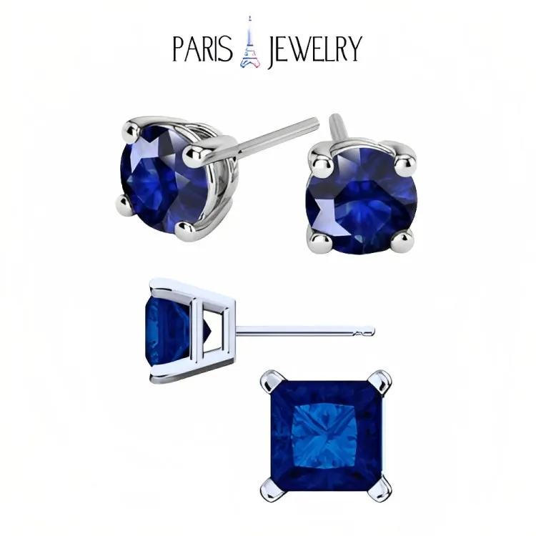 Paris Jewelry 18k White Gold 2 Pair Created Blue Sapphire 4mm Round & Princess Cut Stud Earrings Plated