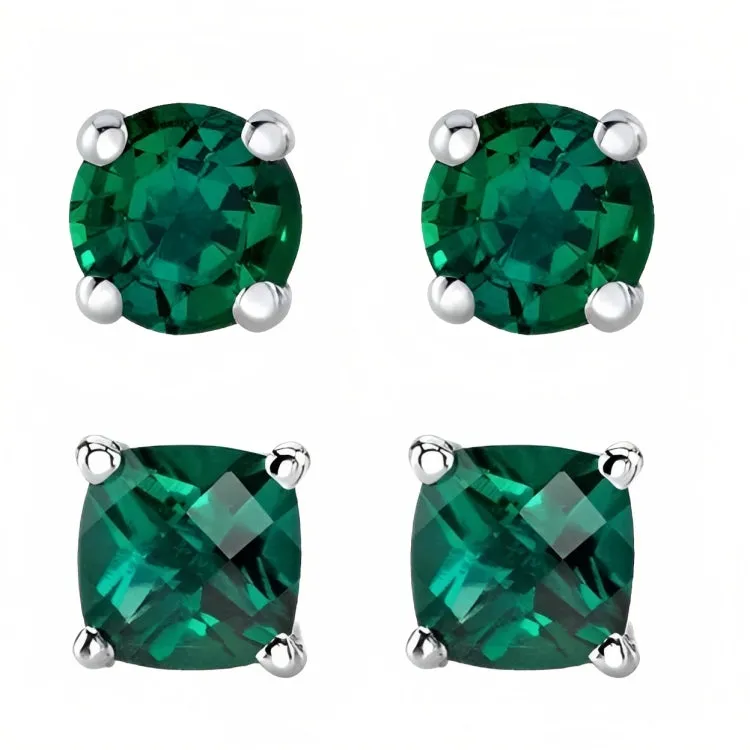 Paris Jewelry 18k White Gold 2 Pair Created Emerald 4mm Round & Princess Cut Stud Earrings Plated