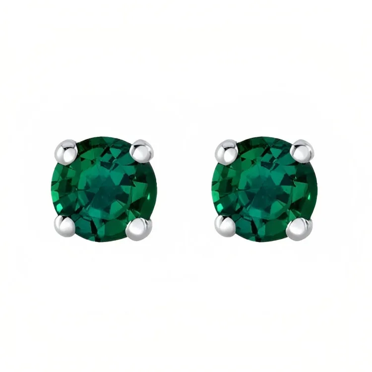 Paris Jewelry 18k White Gold 2 Pair Created Emerald 4mm Round & Princess Cut Stud Earrings Plated