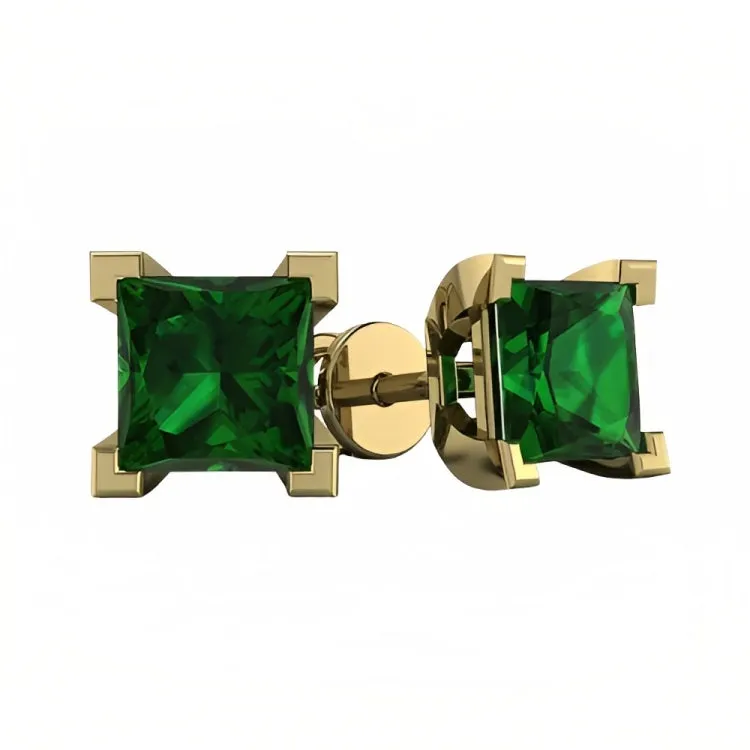 Paris Jewelry 18k Yellow Gold 2 Pair Created Emerald 4mm, 6mm Round & Princess Cut Stud Earrings Plated