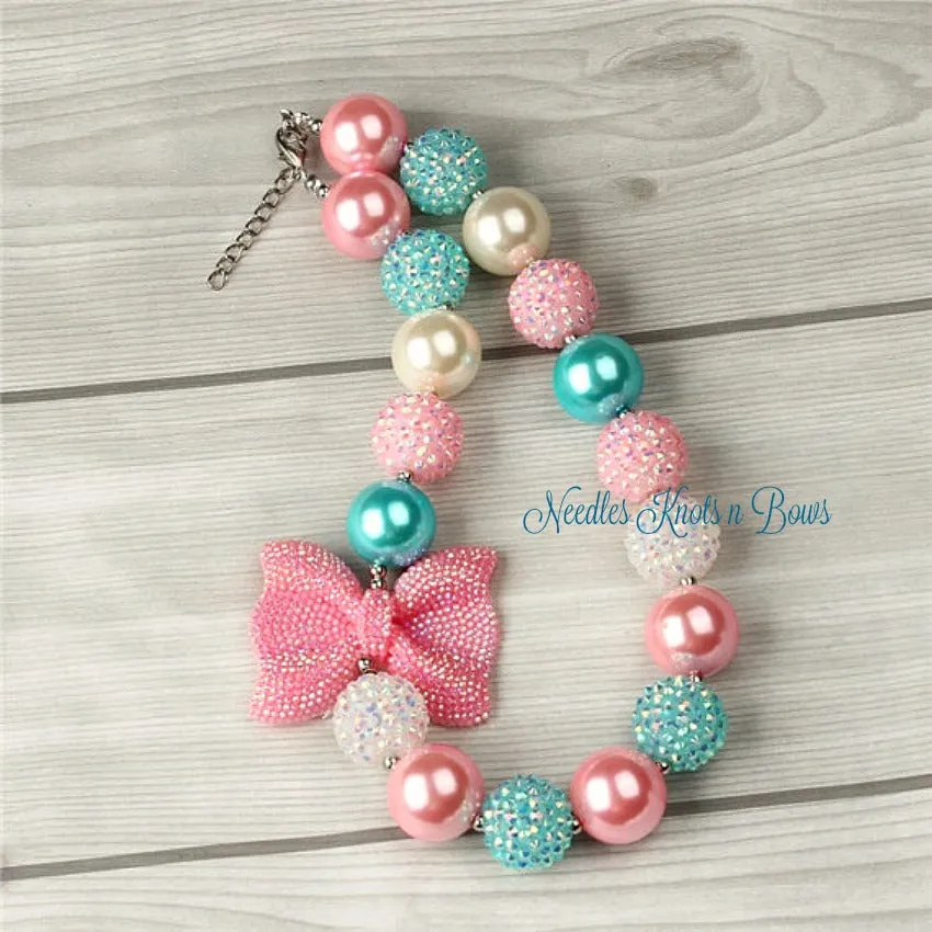 Pink Aqua Chunky Bead Bubblegum Necklace