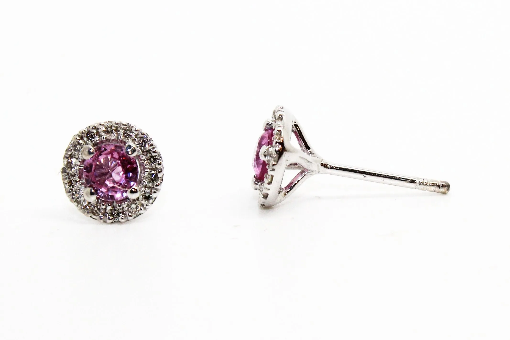 PINK SAPPHIRE AND MICROPAVÉ DIAMOND HALO STUD EARRINGS AD NO.1631