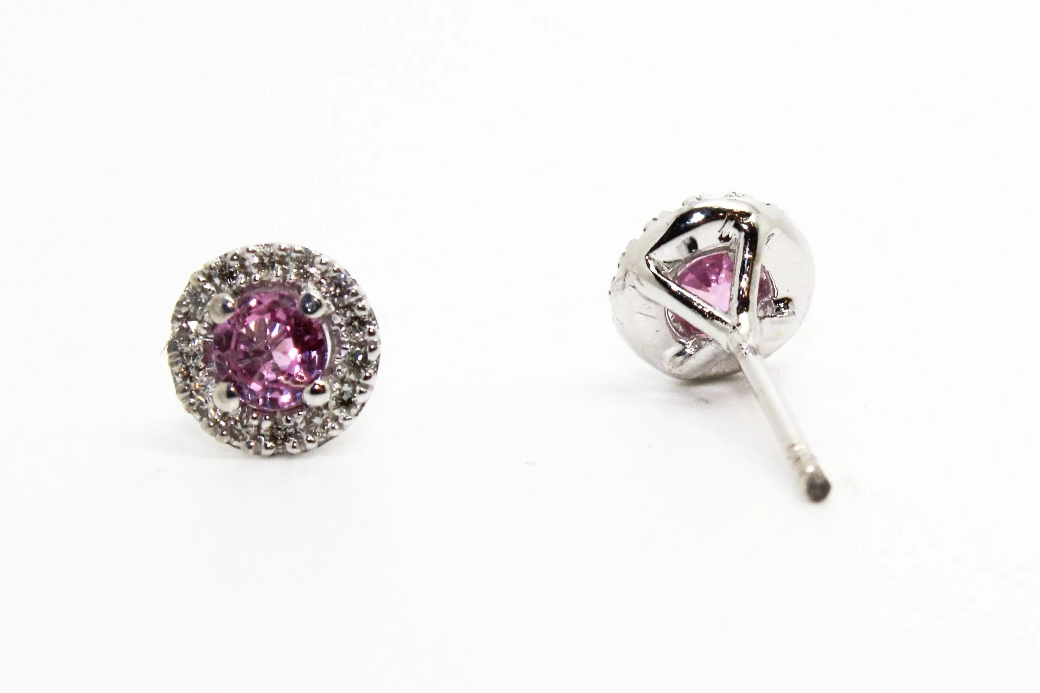 PINK SAPPHIRE AND MICROPAVÉ DIAMOND HALO STUD EARRINGS AD NO.1631