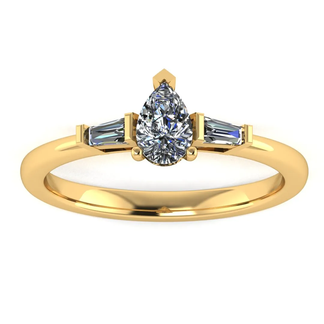 "Rosalie" Three Stone Pear Cut Center with Tapered Side Diamond Trilogy Engagement Ring 3SPS03