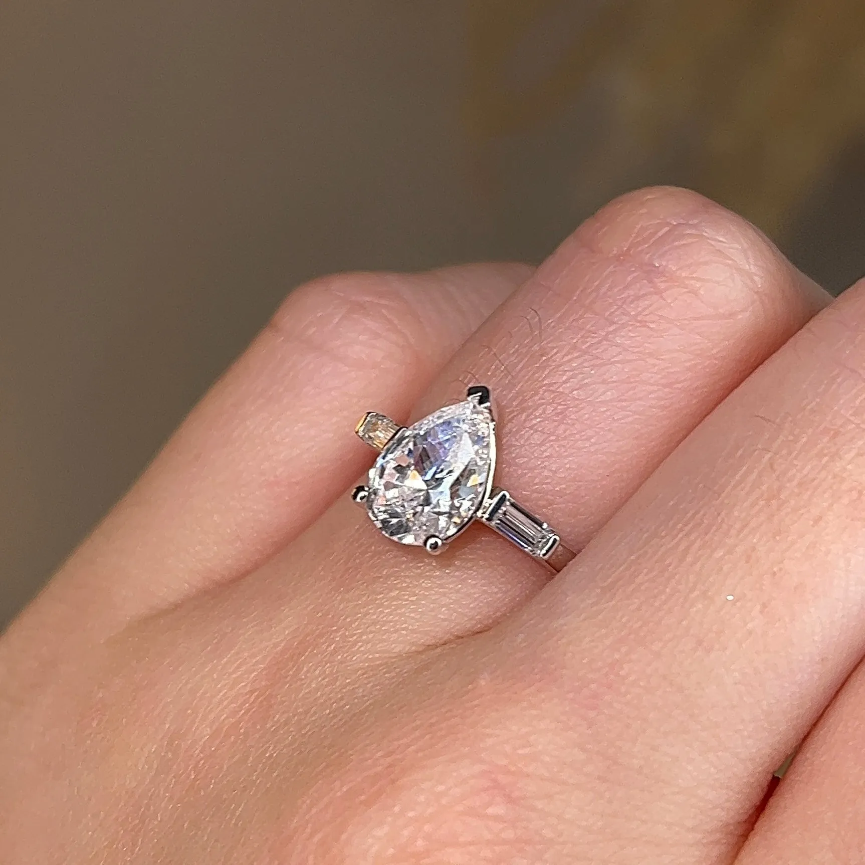 "Rosalie" Three Stone Pear Cut Center with Tapered Side Diamond Trilogy Engagement Ring 3SPS03