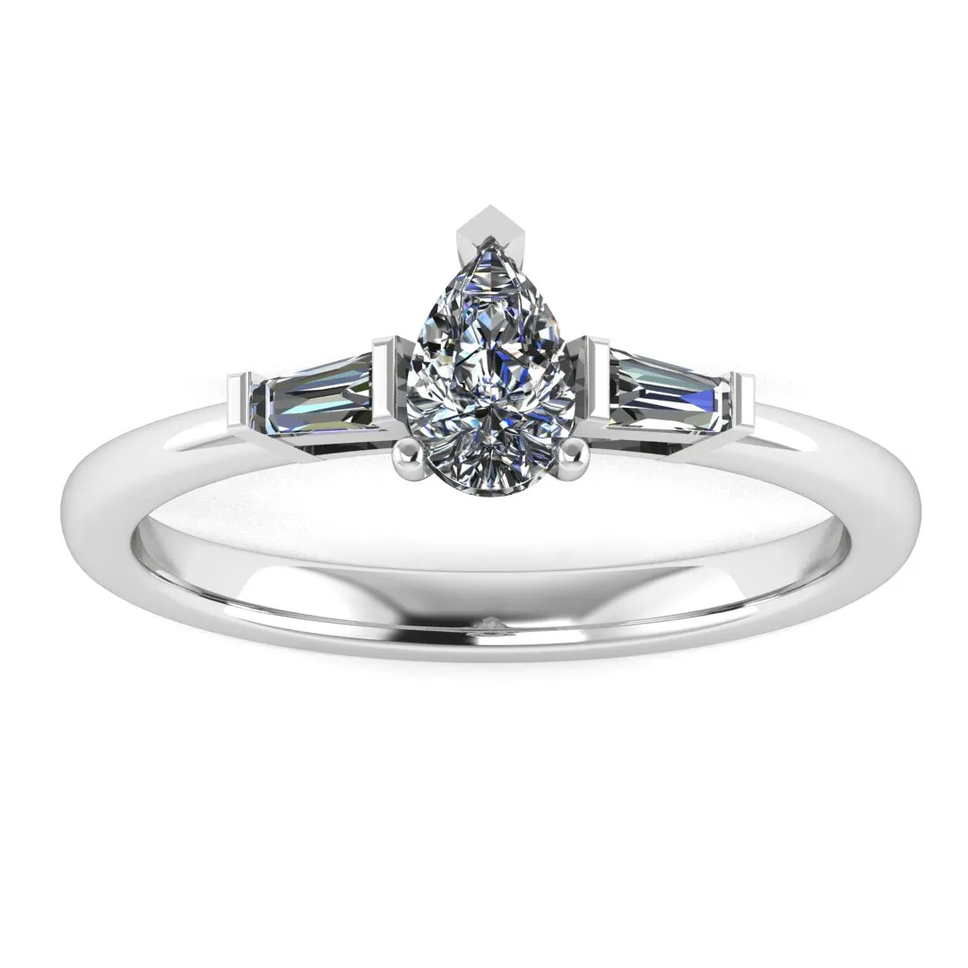 "Rosalie" Three Stone Pear Cut Center with Tapered Side Diamond Trilogy Engagement Ring 3SPS03