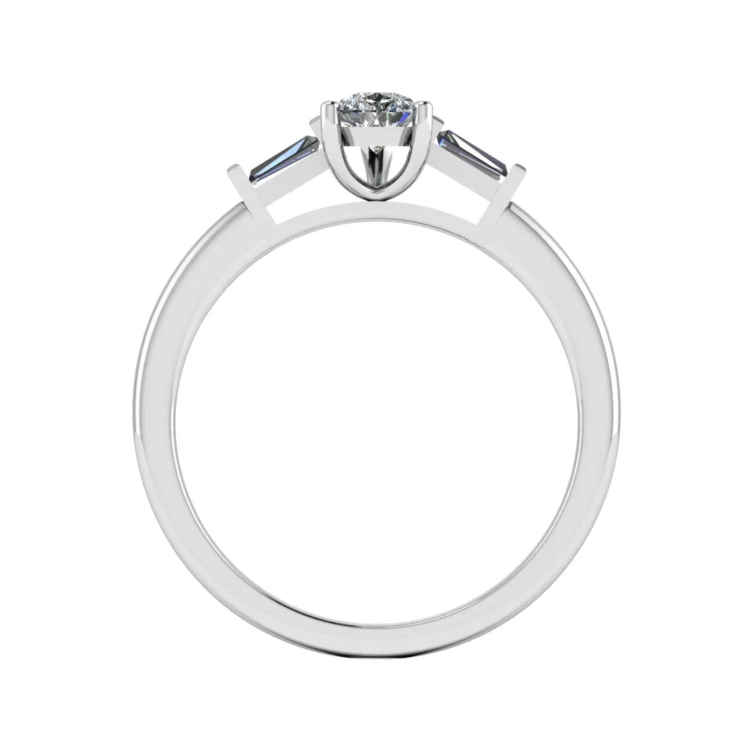 "Rosalie" Three Stone Pear Cut Center with Tapered Side Diamond Trilogy Engagement Ring 3SPS03