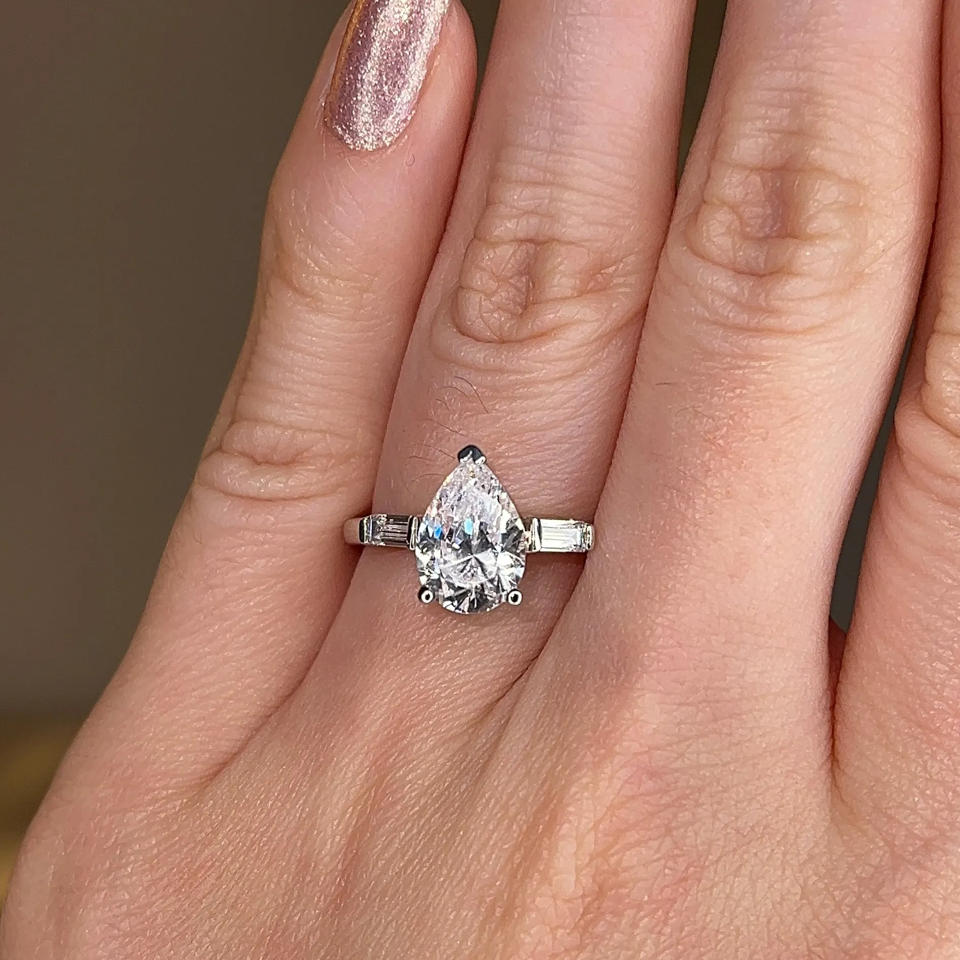 "Rosalie" Three Stone Pear Cut Center with Tapered Side Diamond Trilogy Engagement Ring 3SPS03