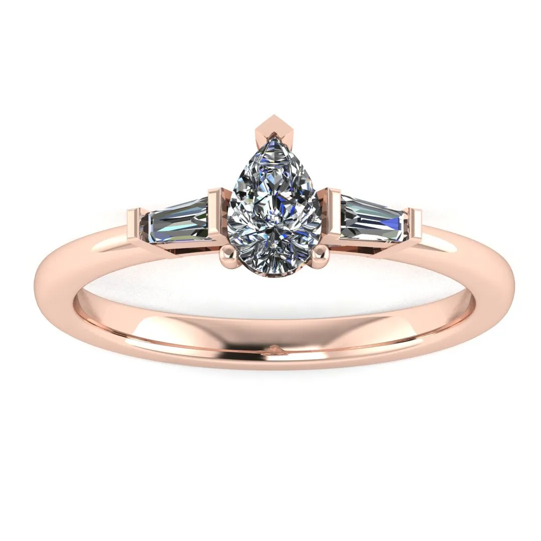 "Rosalie" Three Stone Pear Cut Center with Tapered Side Diamond Trilogy Engagement Ring 3SPS03