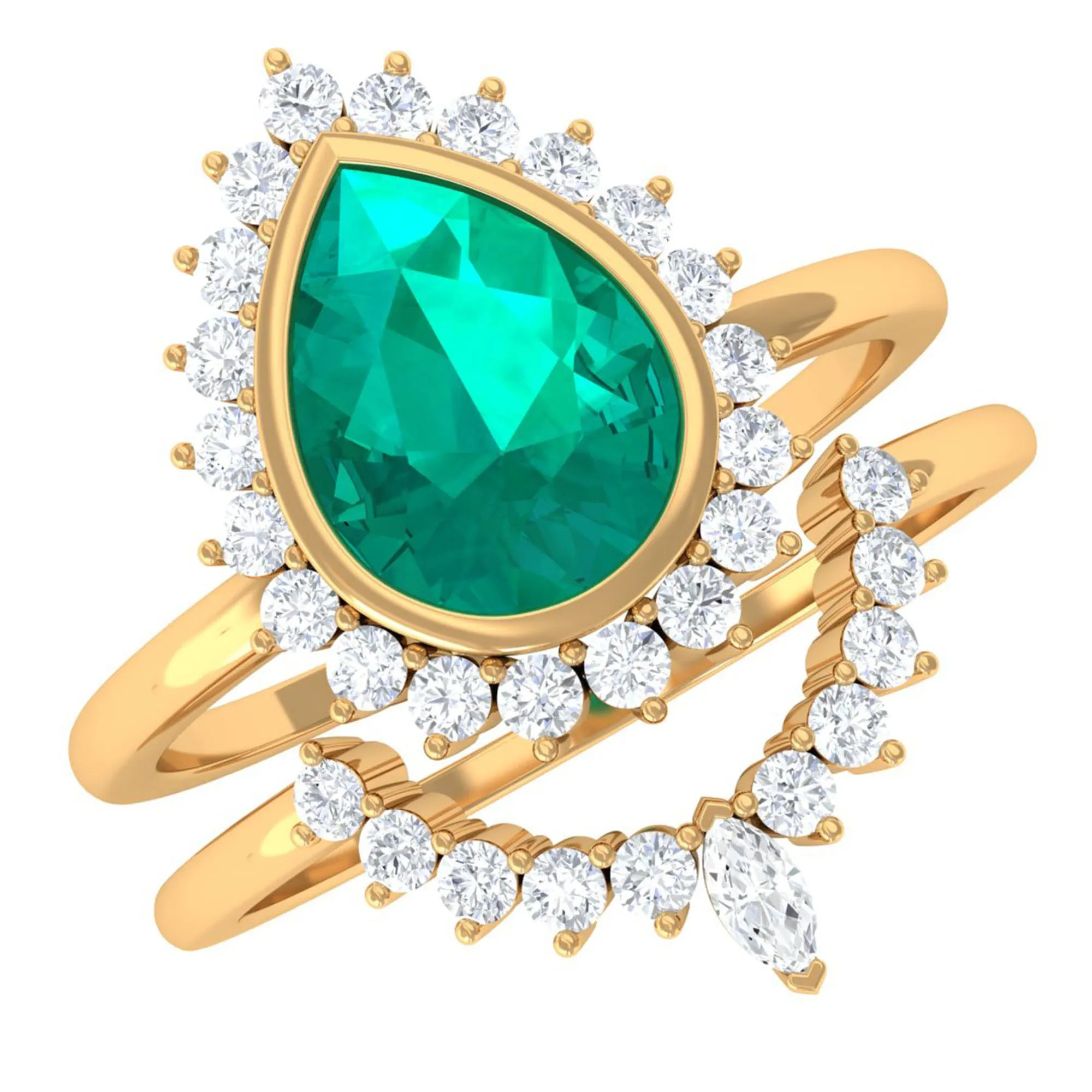 Real Emerald Teardrop Wedding Ring Set with Diamond Halo