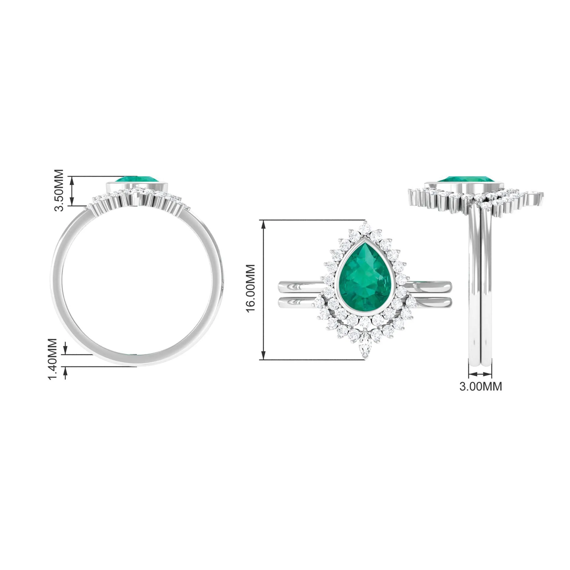 Real Emerald Teardrop Wedding Ring Set with Diamond Halo