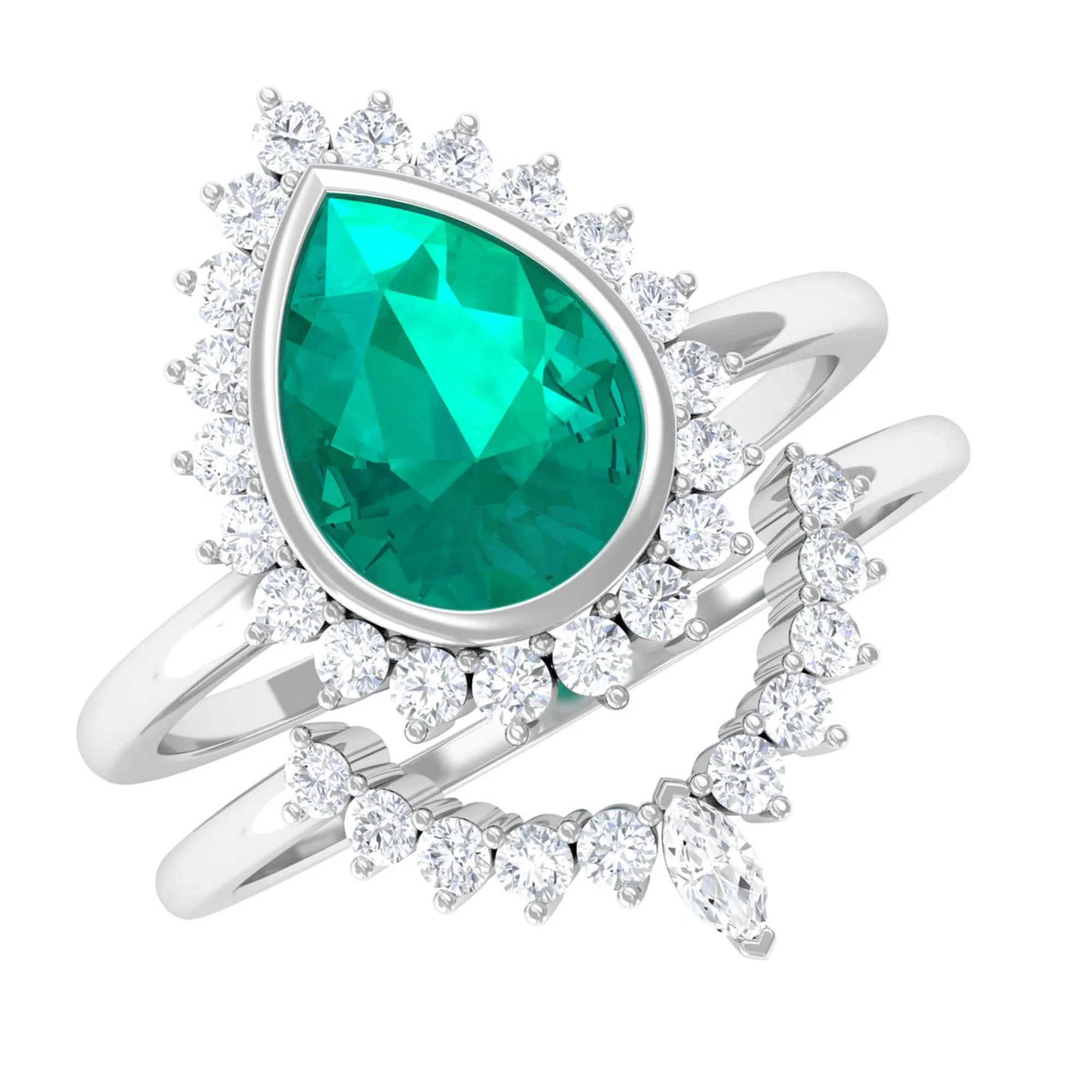 Real Emerald Teardrop Wedding Ring Set with Diamond Halo