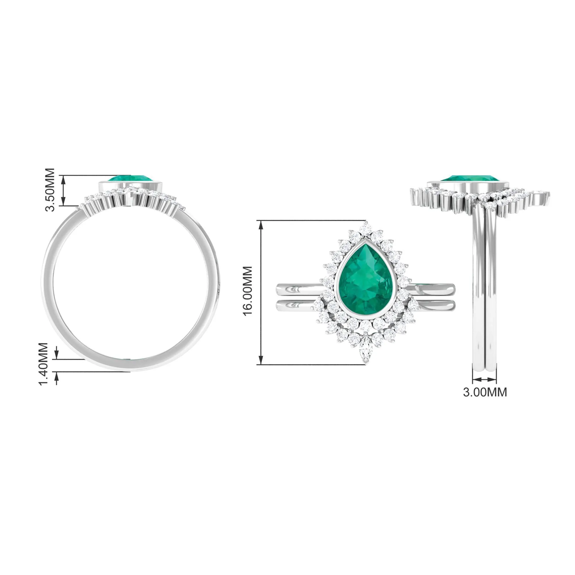 Real Emerald Teardrop Wedding Ring Set with Diamond Halo