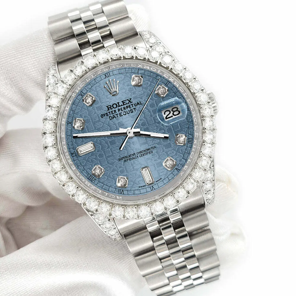 Rolex Datejust 116200 36mm 4CT Diamond Bezel/Lugs/Ice Blue Jubilee 6 9 Baguette  TFJ-142508612