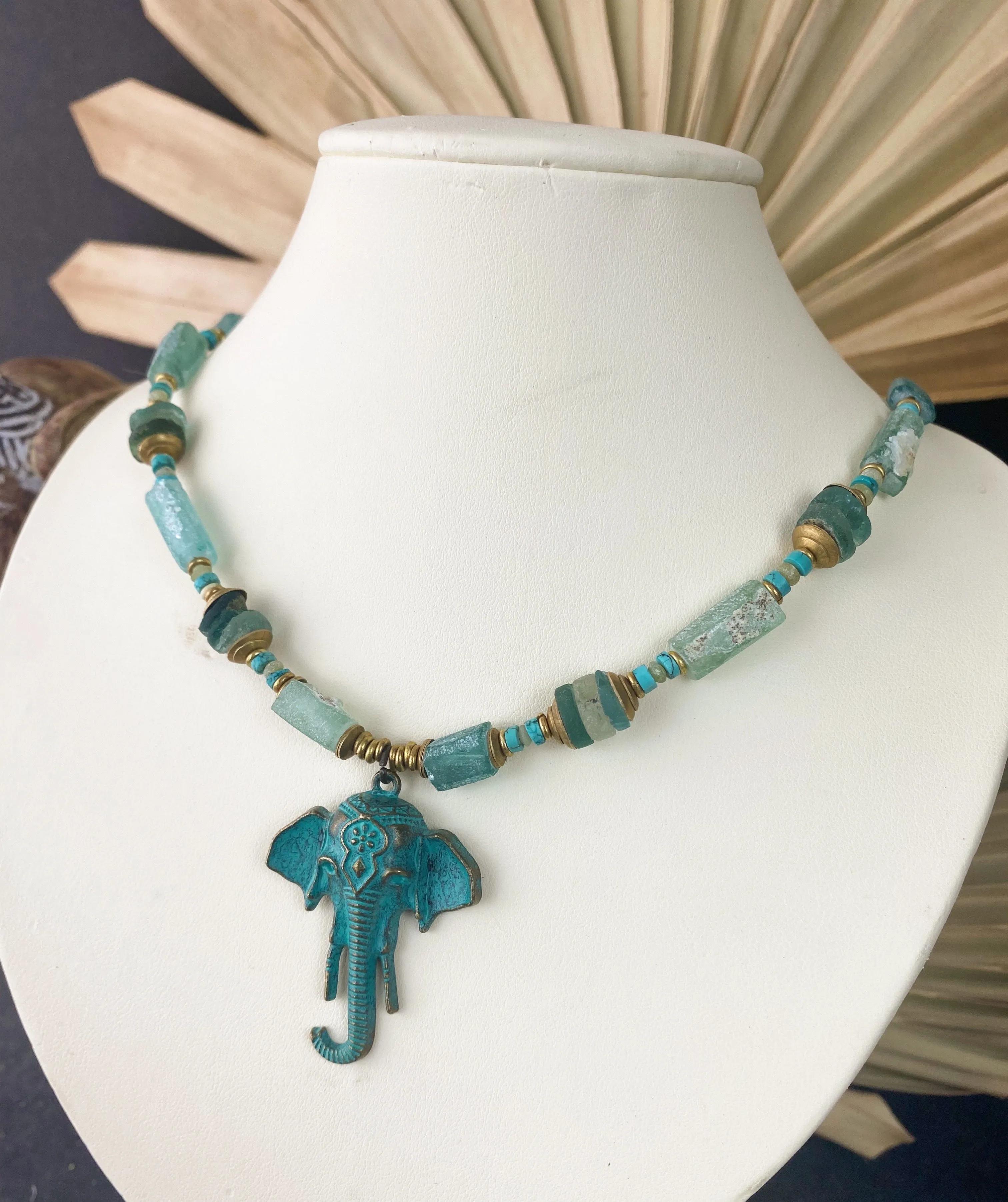 Roman glass,  african brass, elephant, necklace