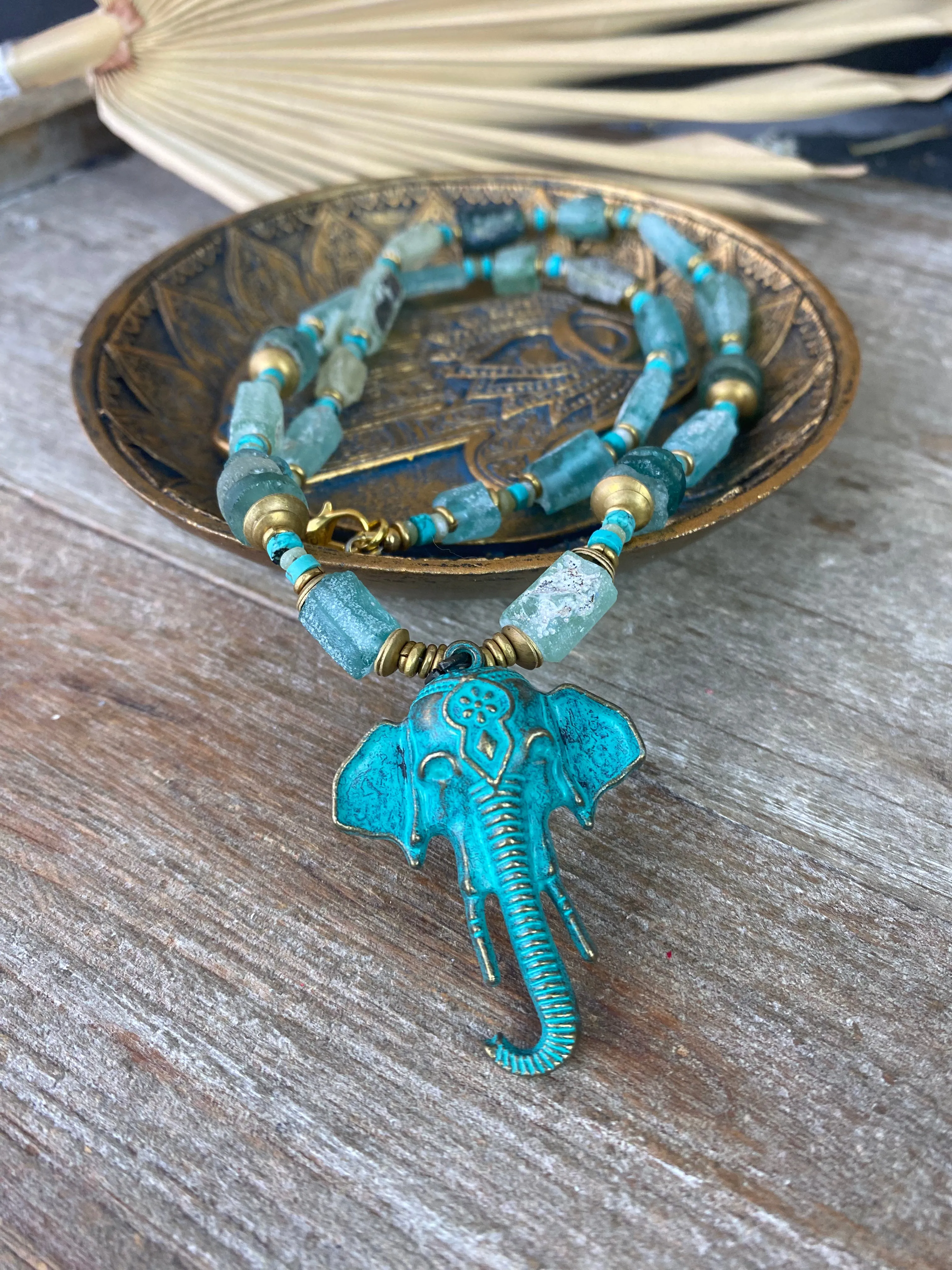 Roman glass,  african brass, elephant, necklace