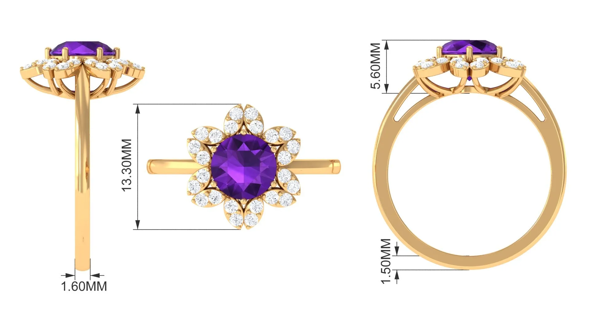 Round Amethyst Flower Engagement Ring with Diamond