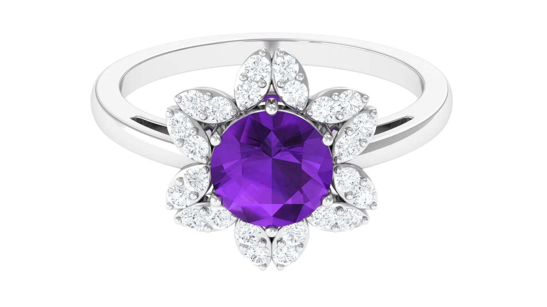 Round Amethyst Flower Engagement Ring with Diamond