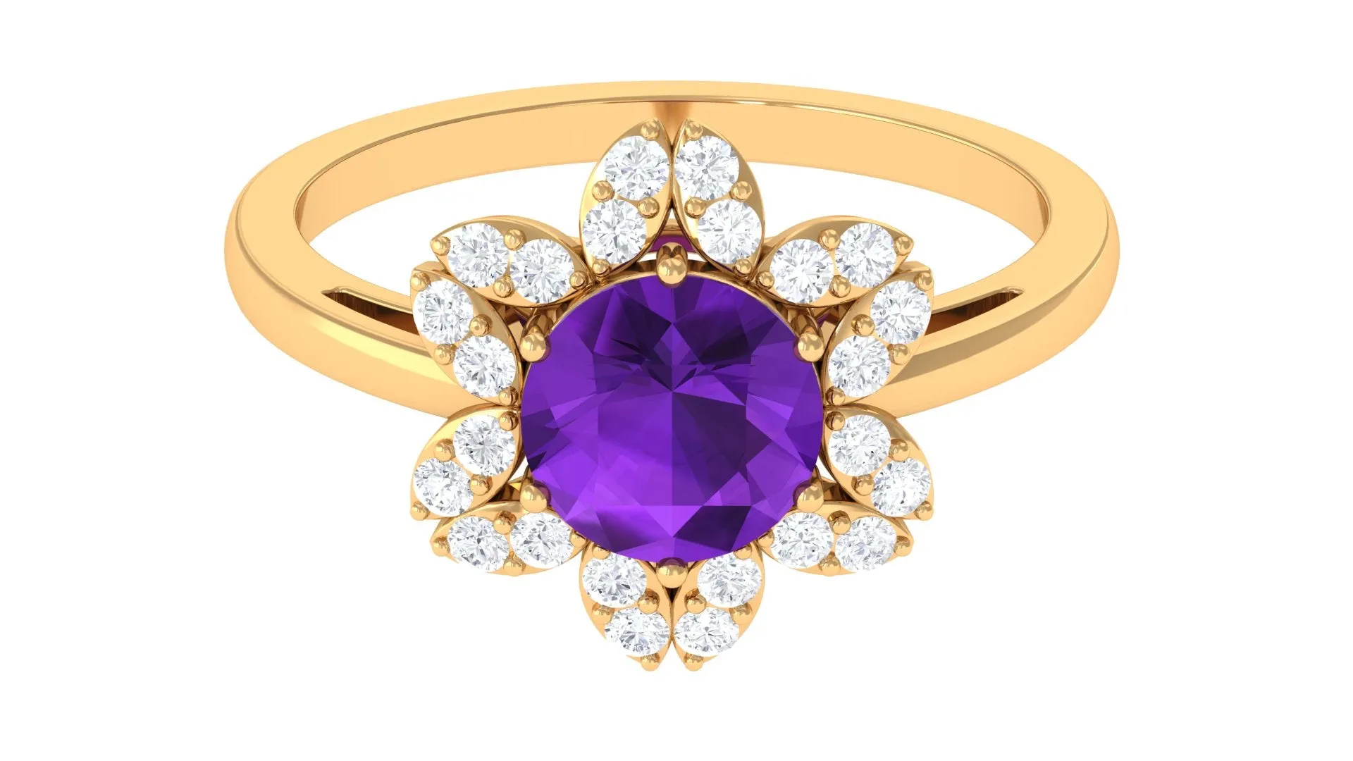 Round Amethyst Flower Engagement Ring with Diamond