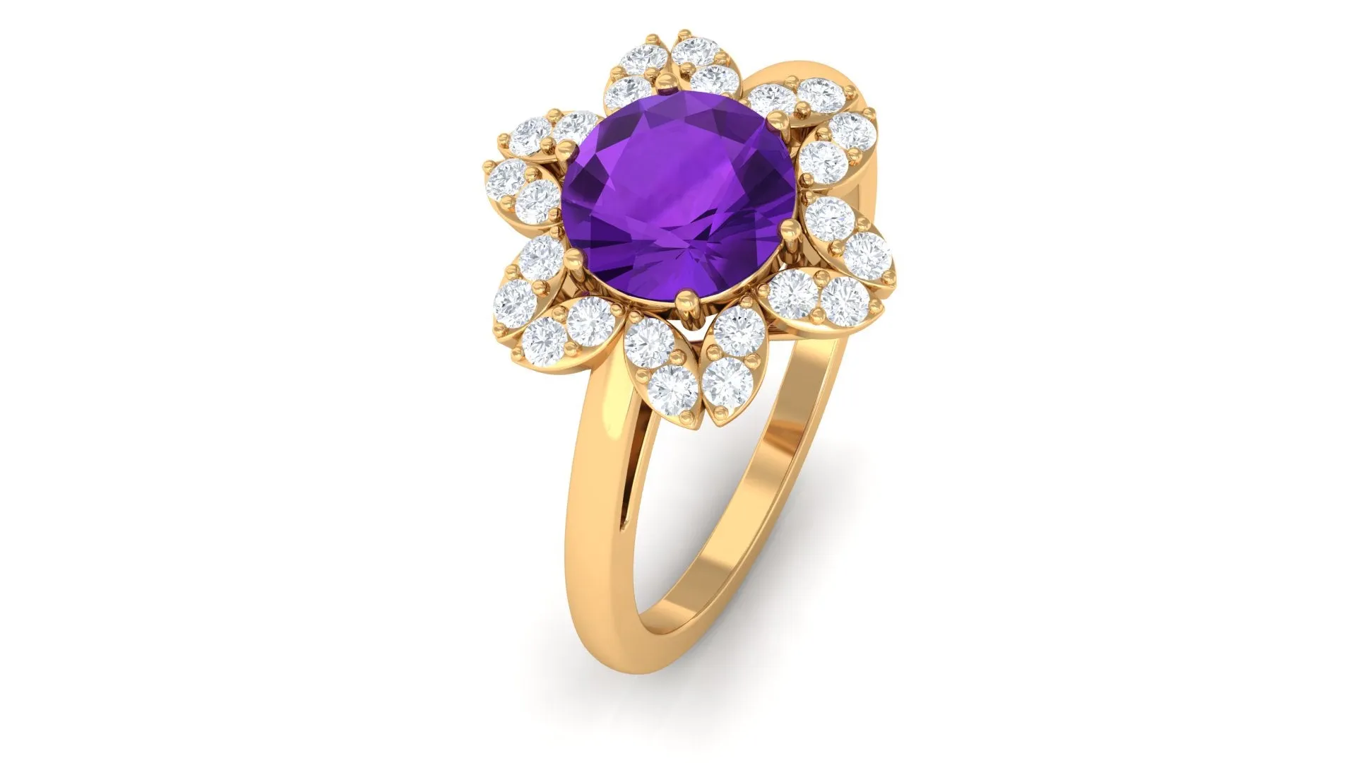 Round Amethyst Flower Engagement Ring with Diamond