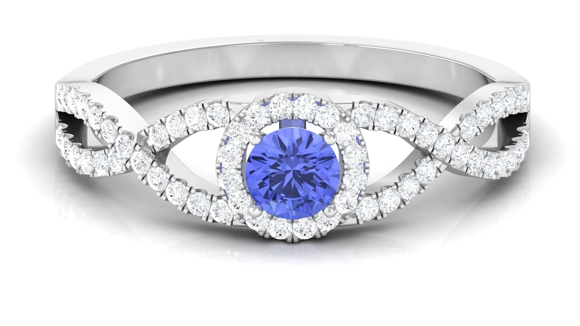 Round Tanzanite Crisscross Engagement Ring with Diamond Halo