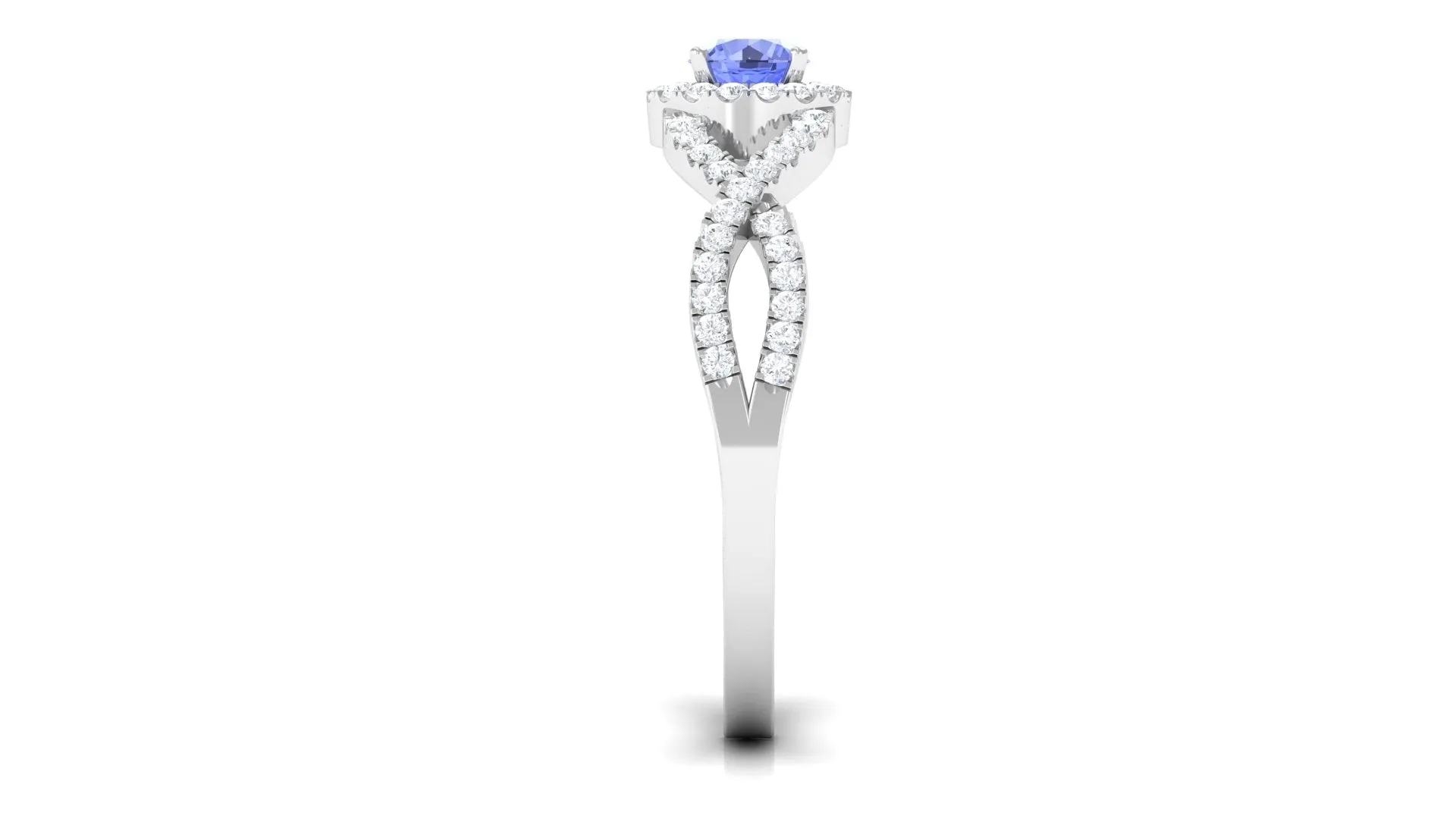 Round Tanzanite Crisscross Engagement Ring with Diamond Halo