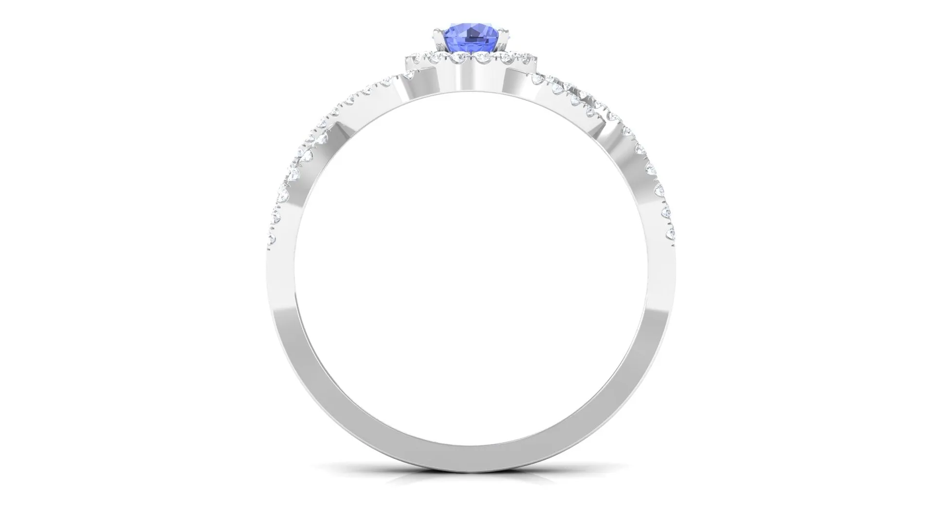 Round Tanzanite Crisscross Engagement Ring with Diamond Halo