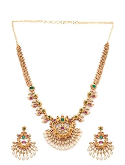 Rubans 22K Gold-Plated Handcrafted Faux Ruby Temple Jewellery Set