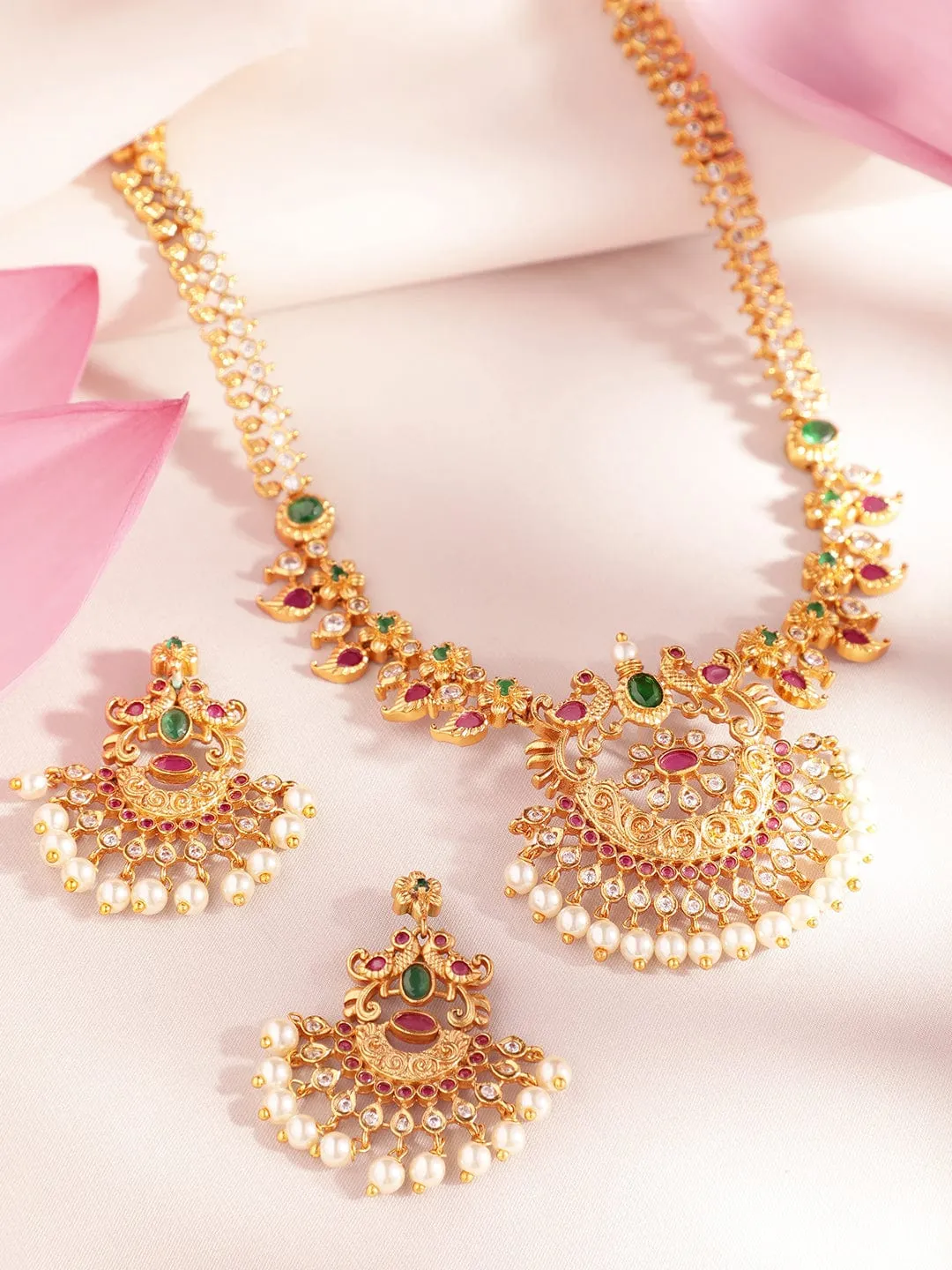 Rubans 22K Gold-Plated Handcrafted Faux Ruby Temple Jewellery Set