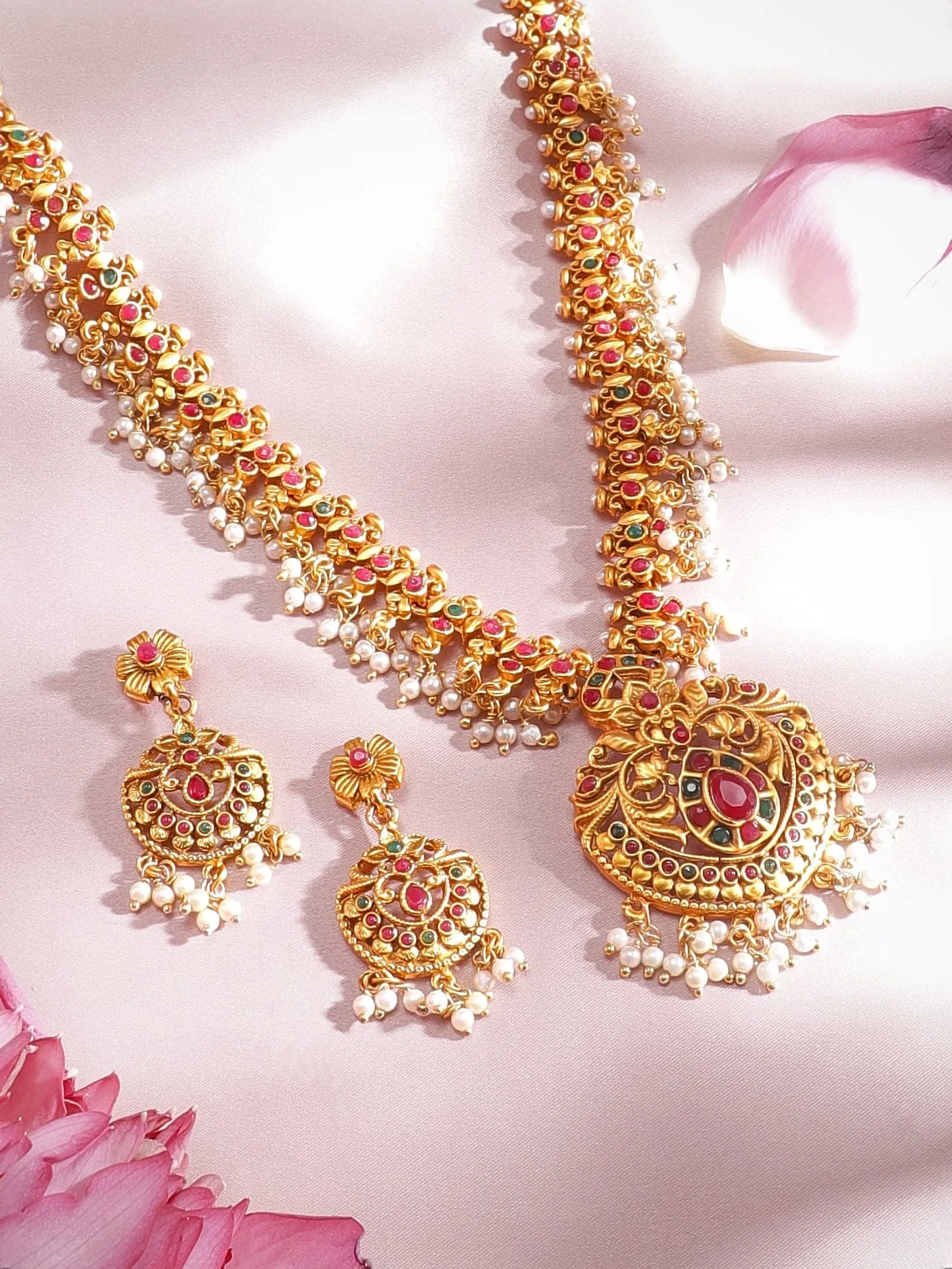 Rubans 24K Gold Plated Handcrafted Ruby Stone with white pearls Necklace Set