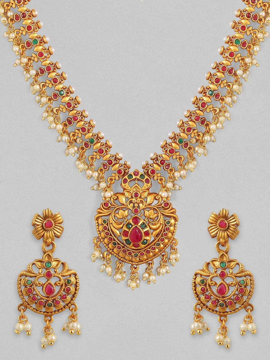 Rubans 24K Gold Plated Handcrafted Ruby Stone with white pearls Necklace Set