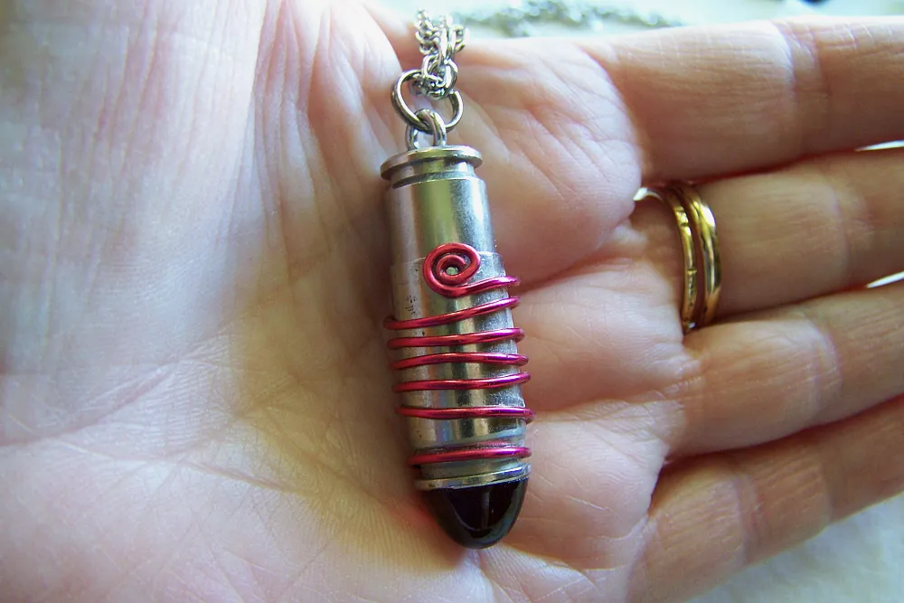 Ruby Red Glass Silver Bullet Capsule Pendant