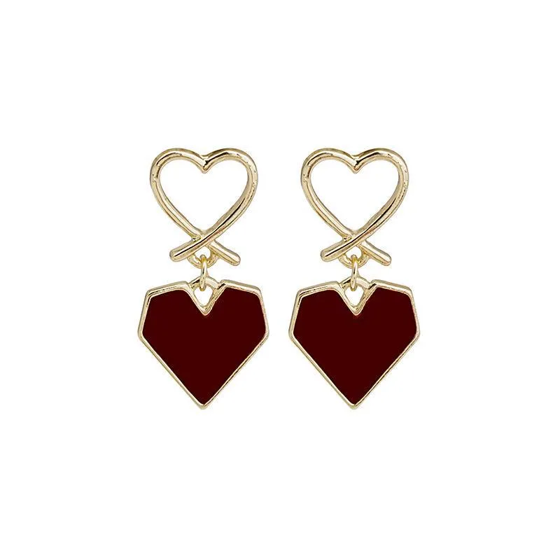 S925 Silver Needle Wine Red Heart Love Stud Earrings