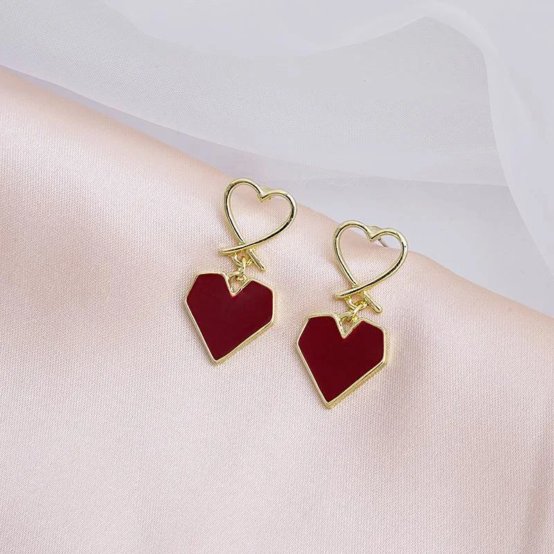 S925 Silver Needle Wine Red Heart Love Stud Earrings