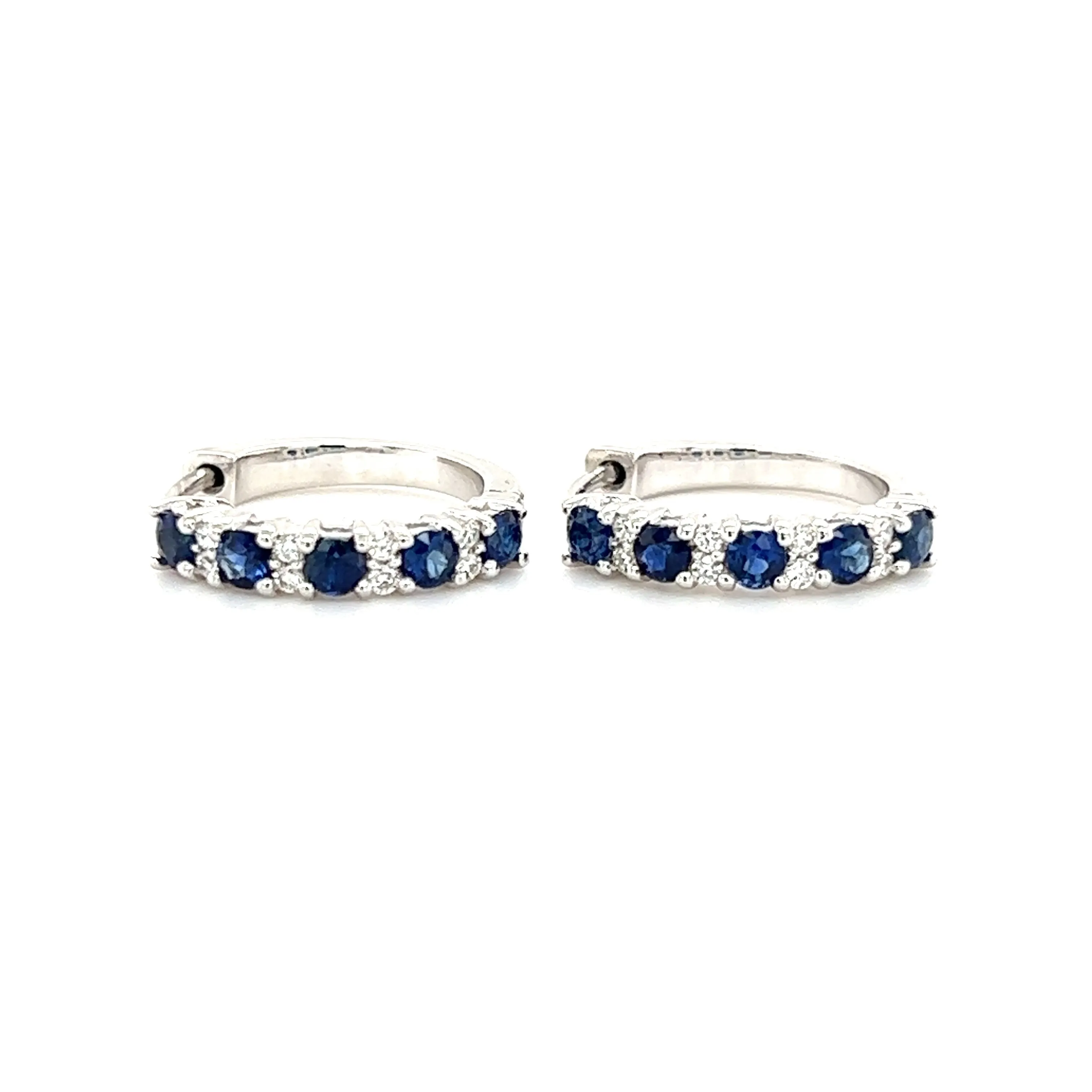 Sapphire Hoop Earrings with Eight Round Diamonds in 14K White Gold