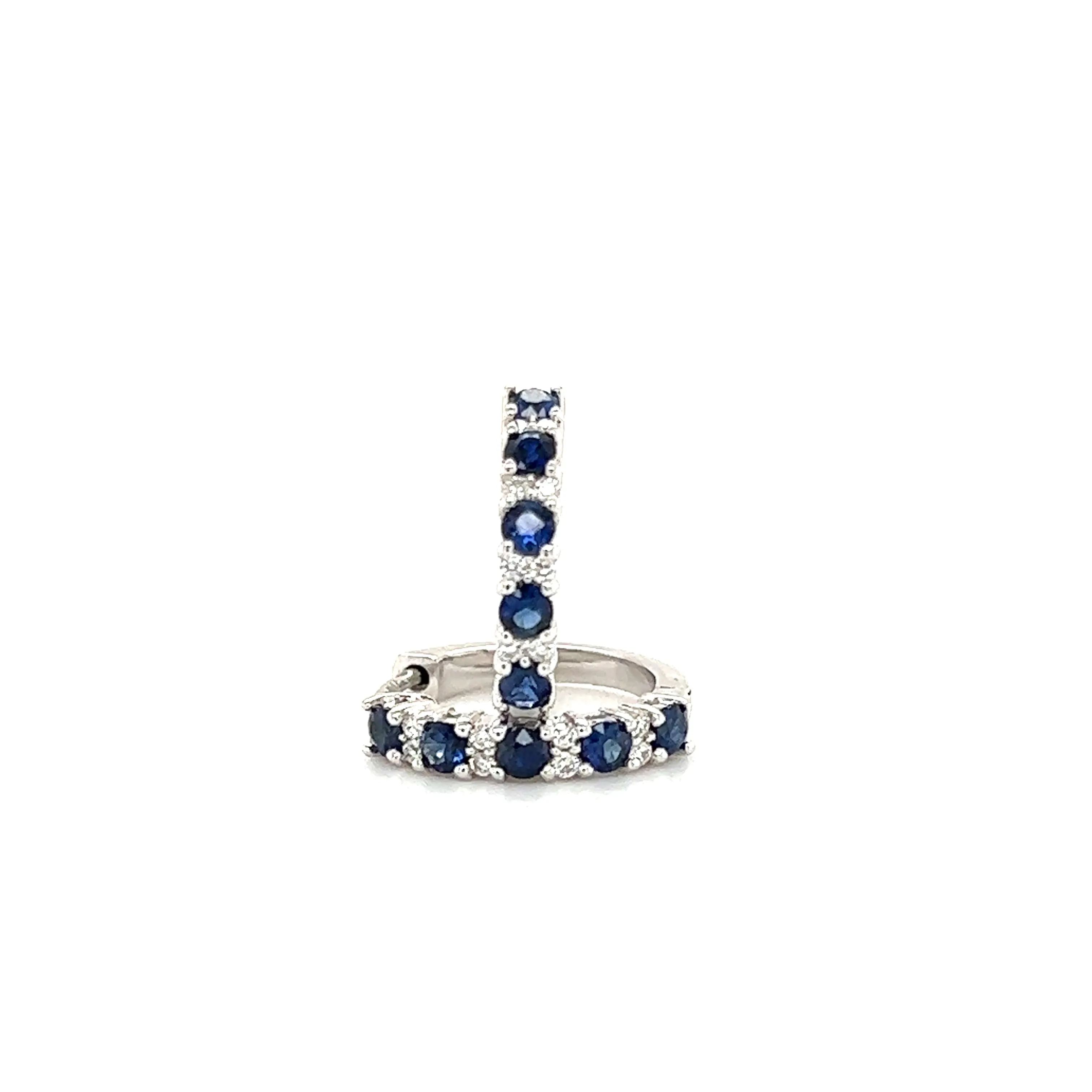 Sapphire Hoop Earrings with Eight Round Diamonds in 14K White Gold