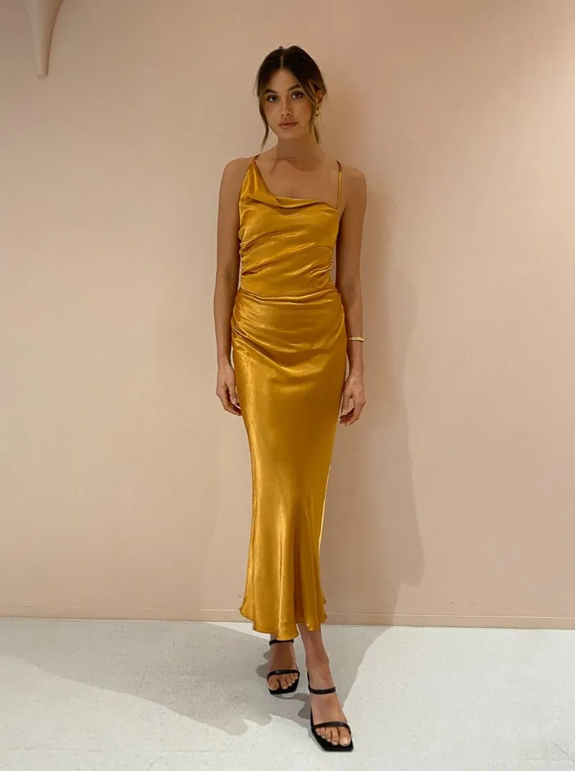 Shona Joy Alma Asymmetric Bias Cowl Midi Dress in Turmeric