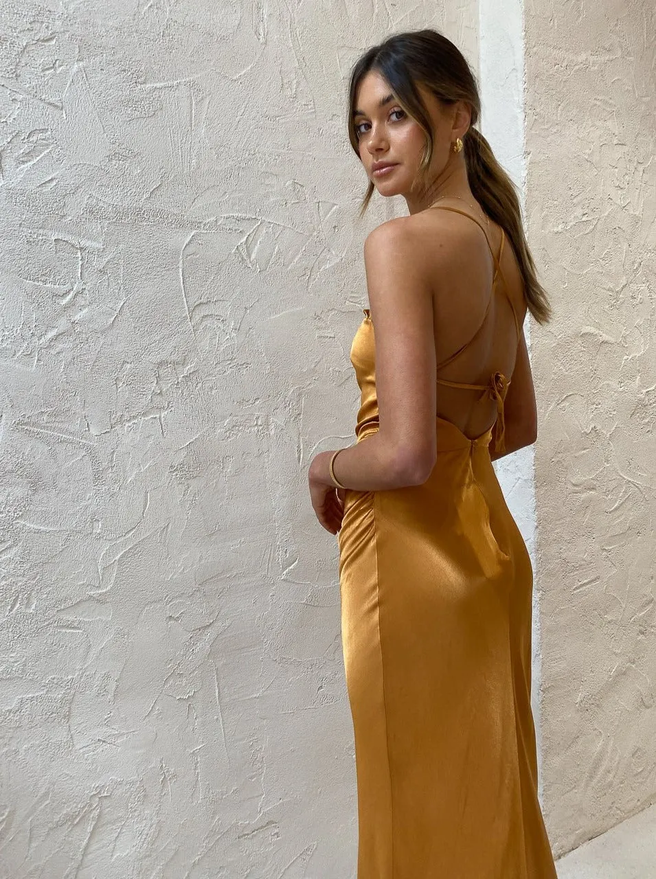 Shona Joy Alma Asymmetric Bias Cowl Midi Dress in Turmeric