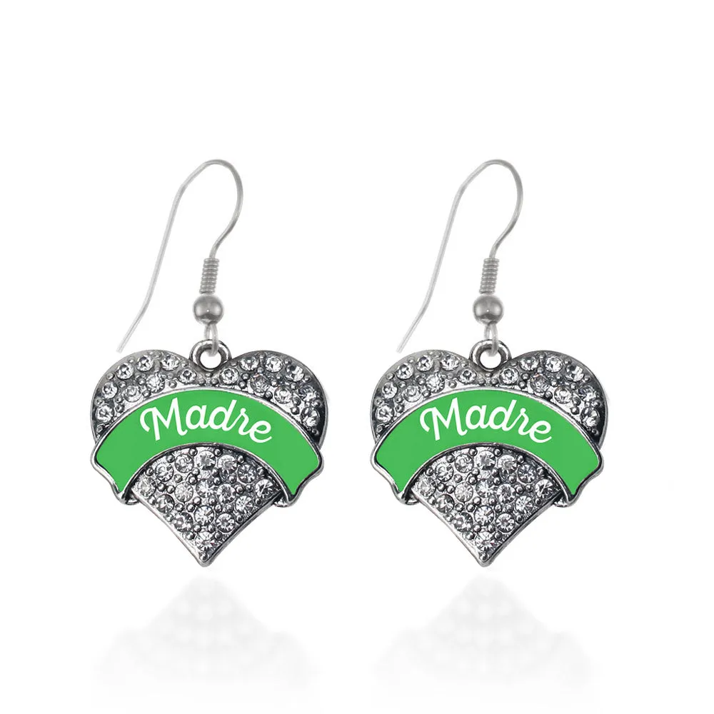 Silver Emerald Green Madre Pave Heart Charm Dangle Earrings