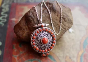 Silver Sterling Ghau Mantra Box Pendant with Coral Inlaid