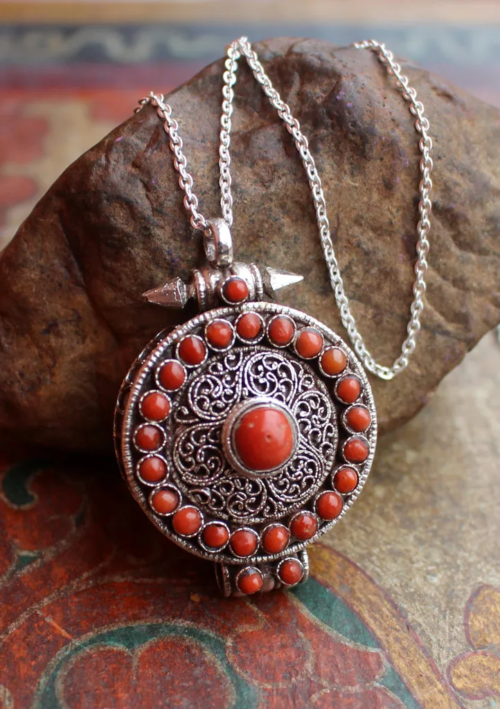 Silver Sterling Ghau Mantra Box Pendant with Coral Inlaid