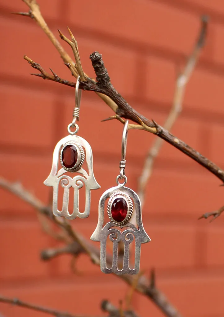 Silver Sterling Hamsa, Hand of Fatima Earrings with Garnet Inlays