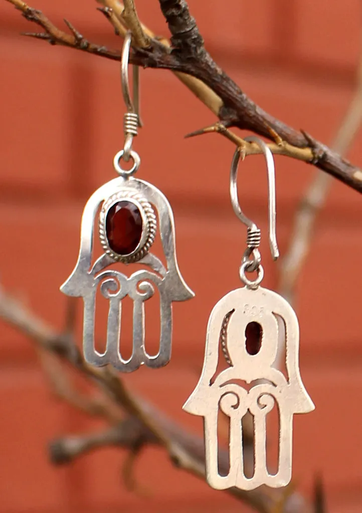 Silver Sterling Hamsa, Hand of Fatima Earrings with Garnet Inlays